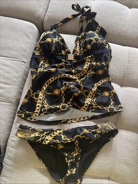 Kardashian Swim two piece Black & Gold Chain Print Tankini Swimsuit